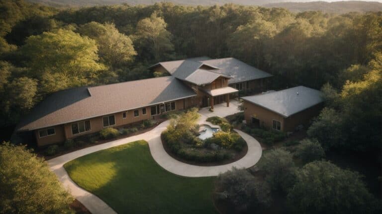 Serene drug detox and rehab facility nestled in lush greenery, offering a peaceful environment for addiction recovery and holistic healing.
