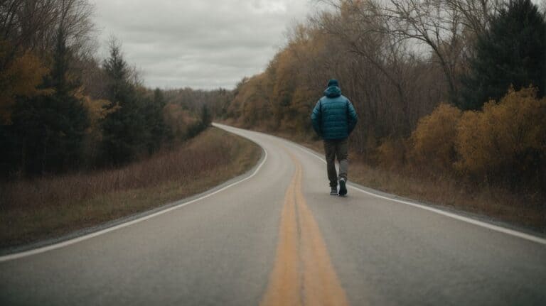 A person walking alone on a winding road surrounded by autumn trees, symbolizing recovery and a new beginning after drug addiction.