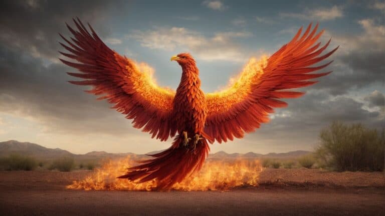 Fiery phoenix rising with outstretched wings in a desert landscape representing renewal and recovery from addiction, symbolizing hope and transformation through drug detox and rehab programs.