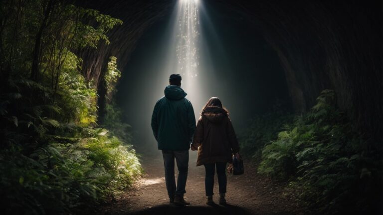 Secluded forest tunnel with a couple walking hand in hand, sunlight streaming through the opening, symbolizing hope and recovery in drug detox and rehab journeys.