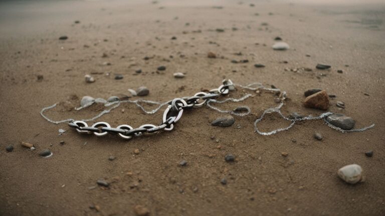 Broken chain and tangled debris on sandy beach symbolizing breaking free from addiction or drug recovery.