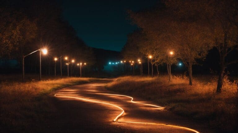 Deserted pathway illuminated by streetlights at night, symbolizing guidance and hope in drug detox and rehab journeys.