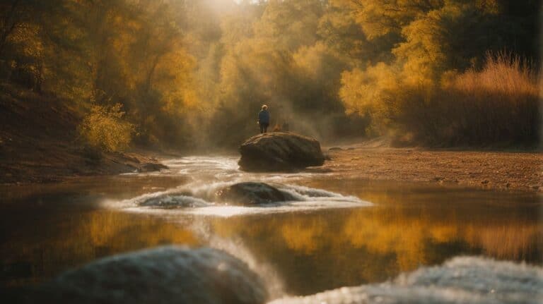 Peaceful river scene with a person sitting on a rock, symbolizing recovery and tranquility in drug detox and rehab programs. Serene autumn landscape promotes healing and renewal.