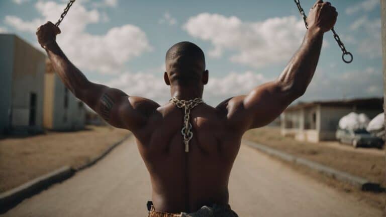 Struggling with addiction, this muscular man is lifting chains to symbolize breaking free from substance abuse during drug detox and rehab.