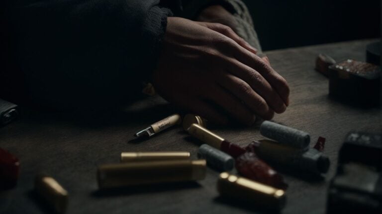 Pills and drugs scattered on a dark wooden surface with a person's hand reaching for them, highlighting the importance of drug detox and addiction recovery.