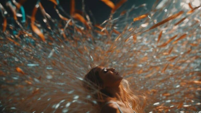 Woman surrounded by swirling autumn leaves, symbolizing detox and recovery at drug rehab center.
