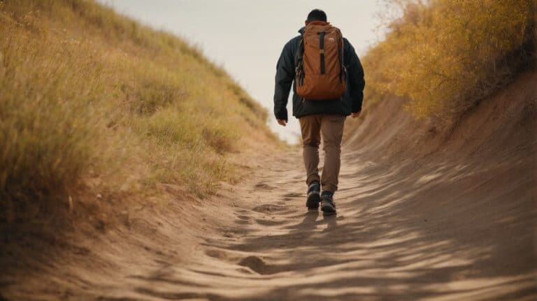 Man hiking on a dirt trail with a backpack during autumn season.