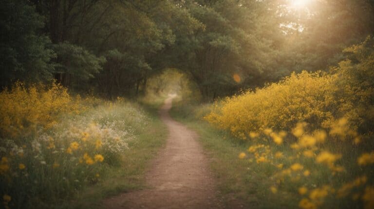 A peaceful dirt path through a lush green forest with yellow wildflowers on both sides, bathed in warm sunlight, symbolizing hope, healing, and new beginnings in the journey of drug detox and rehab.