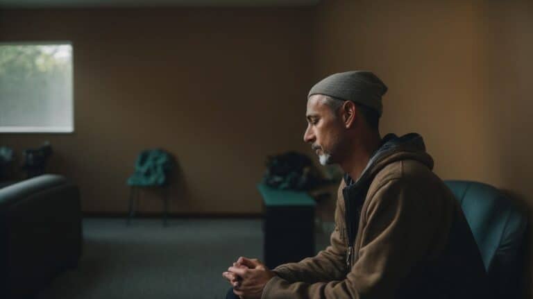 Serious man in addiction recovery support group sitting contemplatively at rehab center solved VA treatment for drug and alcohol addiction.