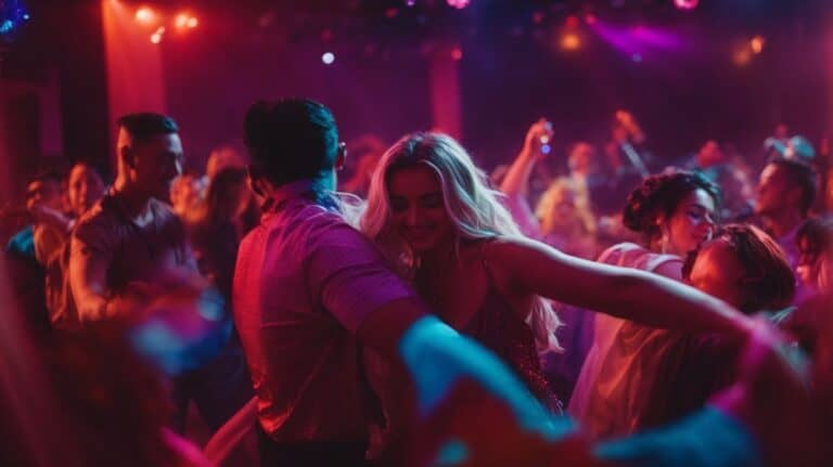 Dancing people at a nightclub with colorful lighting, emphasizing social interaction and entertainment, can symbolize the social aspects of recovery and support in drug detox and rehab environments.