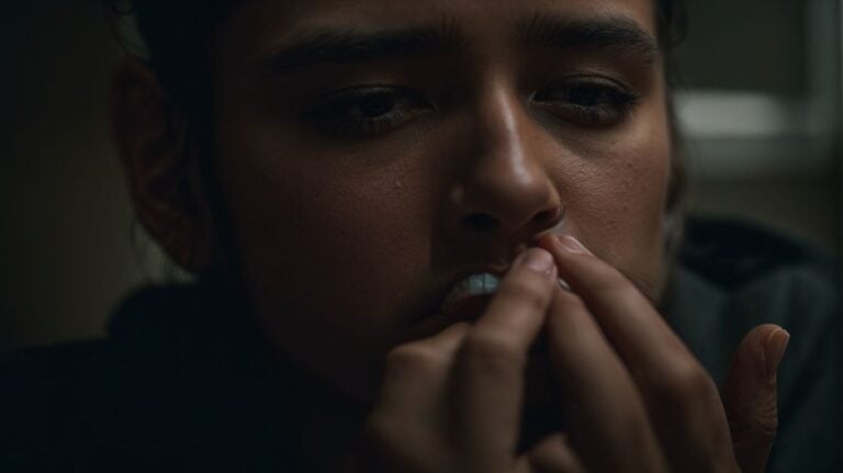A worried woman in deep thought, representing the emotional challenges of drug detox and rehab process.