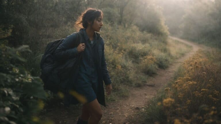 Hope and recovery from drug addiction, outdoor wilderness hike for rehab journey, inspiring image for drug detox and rehab, woman walking on trail with backpack, symbolizing personal recovery and overcoming substance abuse, relevant to addiction treatment and healing efforts.