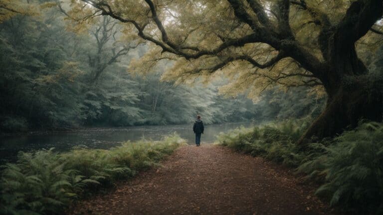 Peaceful forest river detox retreat with person walking, healthy lifestyle, addiction recovery, serenity, nature therapy, drug detox and rehab center, holistic addiction treatment, wilderness recovery program.
