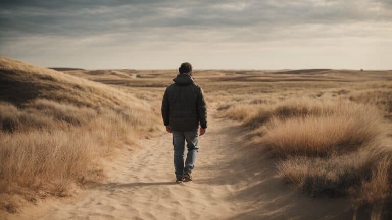 Lonely man walking in desert landscape symbolizes recovery journey from drug addiction and detox.