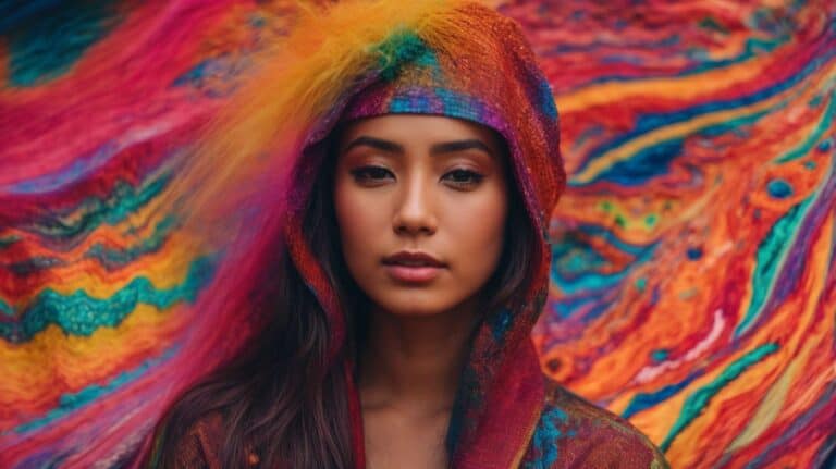 Colorful woman with a vibrant hood in front of an abstract psychedelic background, representing healing and recovery in drug detox and rehab programs.