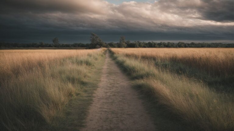 Deserted dirt path through open grass fields with dark storm clouds overhead, symbolizing a journey through recovery and hope in drug detox and rehab.