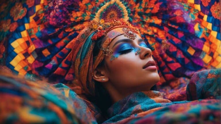Colorful bohemian style woman with vibrant makeup and jewelry, relaxing in a luxurious, richly patterned fabric, symbolizing relaxation and healing in drug detox and rehab treatment.