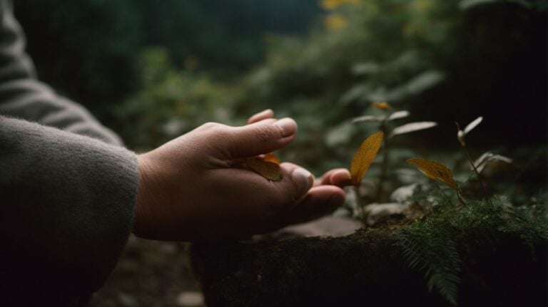 Soothing hand gently touching small plants in a natural, peaceful environment, symbolizing healing and recovery in drug detox and rehab process.