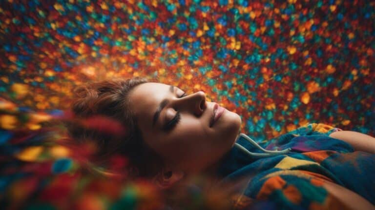 Calm woman relaxing with eyes closed on colorful textured background, symbolizing serenity and recovery in drug detox and rehab programs.