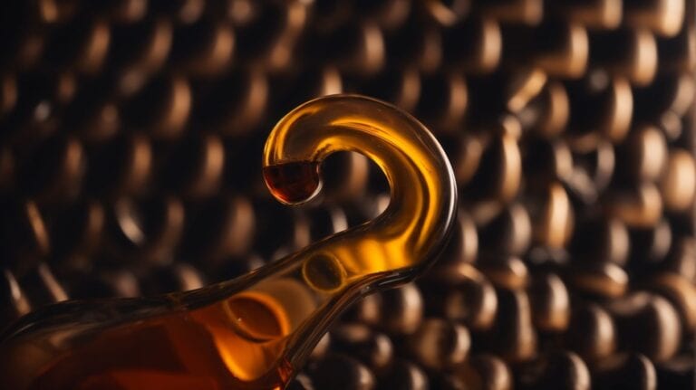 Caramel-colored liquid in a curved spoon over blurred coffee beans background, representing drug detox.