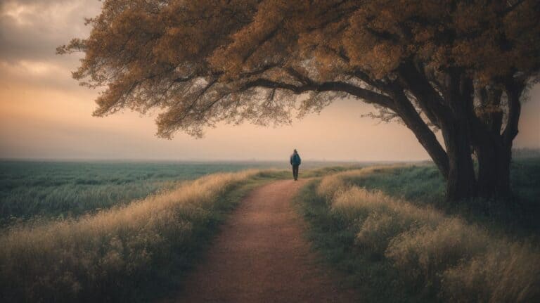 A person walking along a peaceful dirt path under a large, sprawling tree, symbolizing recovery and serenity in drug detox and rehab programs.