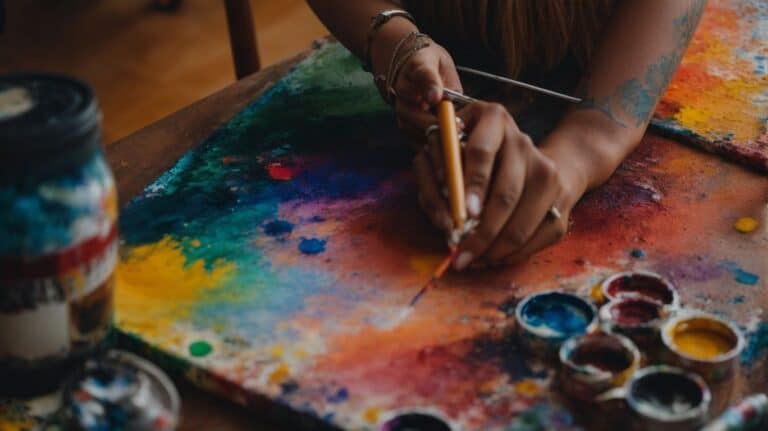 A person creating colorful abstract artwork with paints and brushes, symbolizing healing and transformation in drug detox and rehab programs.