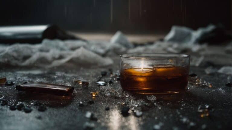 Broken glass, a cigarette, and a candle melted on a dark surface with scattered debris, symbolizing the dangers of substance abuse and the importance of drug detox and rehab programs.