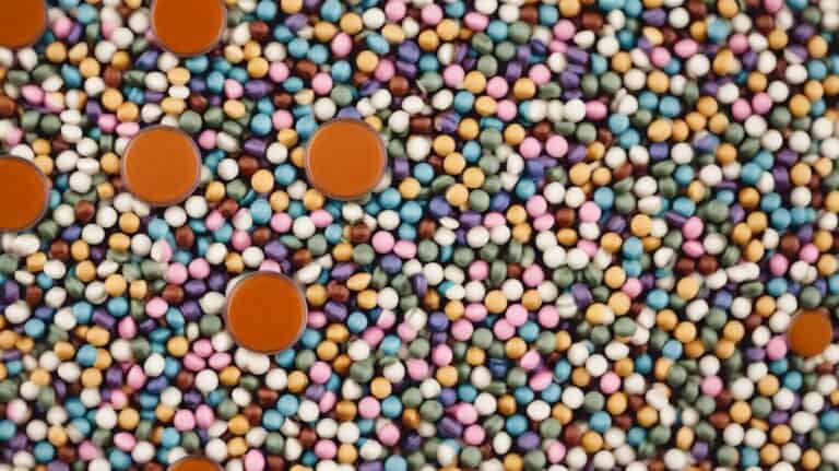 Colorful candy sprinkles with scattered pills and orange tablets, symbolizing the contrast between substance abuse and recovery in drug detox and rehab.
