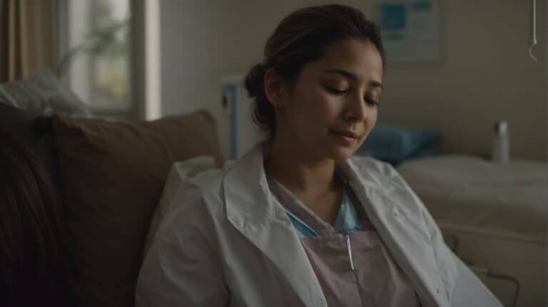 Peaceful woman resting in hospital bed after drug detox and rehab treatment, showing recovery and relief from substance addiction.