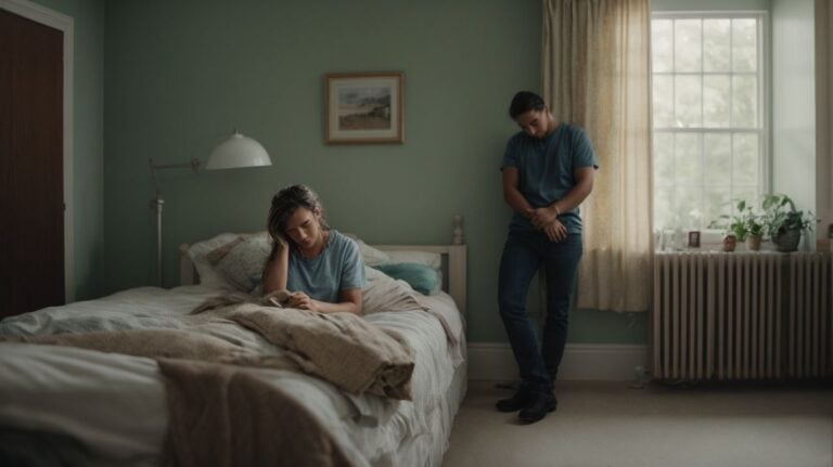 Feeling distressed and contemplating addiction recovery, a young woman sits on her bed, while a man stands nearby in a bedroom, highlighting the importance of drug detox and rehab programs for overcoming substance abuse.