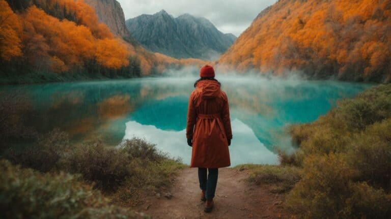Serene woman in autumn coat walking along a trail overlooking a peaceful mountain lake, symbolizing recovery and renewal associated with drug detox and rehab processes.
