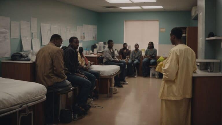 Support group therapy session for substance abuse recovery in a medical facility.