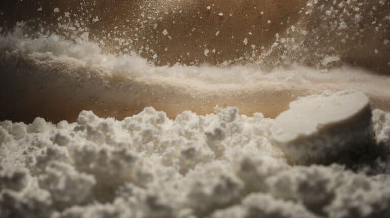 Powdery white drug, possibly cocaine or heroin, scattered on surface, representing substance abuse and addiction, with focus on drug detox and rehab treatments.