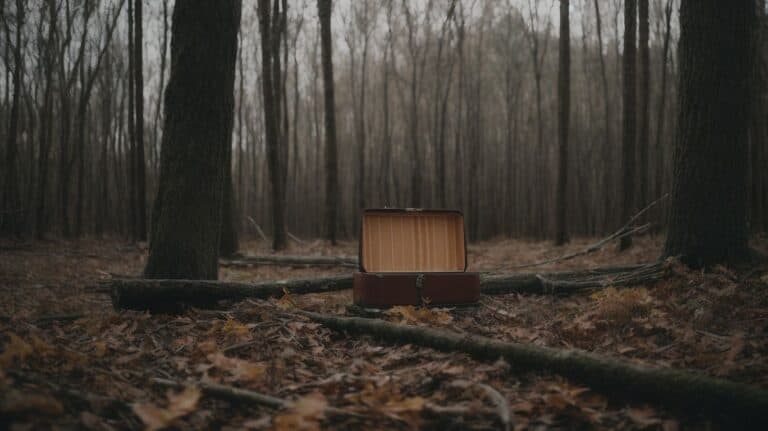 A vintage briefcase open on the forest floor amidst fallen leaves and trees, symbolizing themes of overcoming addiction and starting a new life through drug detox and rehab programs.