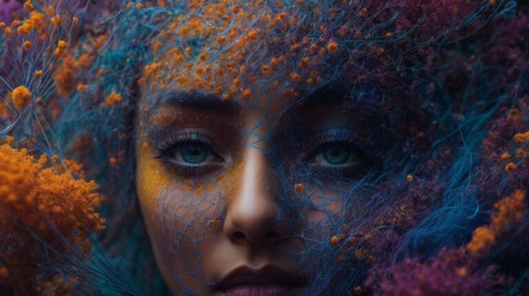 Vibrant artistic portrait of a woman with intricate face makeup and colorful floral elements, symbolizing transformation and renewal in drug detox and rehab journeys.