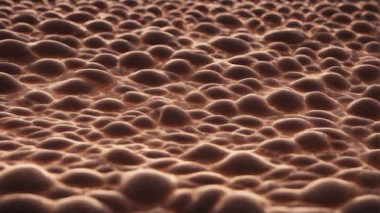 Bubbles on the surface of a hot chocolate drink, close-up shot, visually appealing beverage with rich texture.