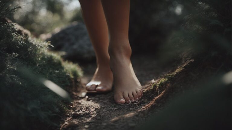 Bare feet walking on a forest trail symbolizing healing and recovery from substance abuse.
