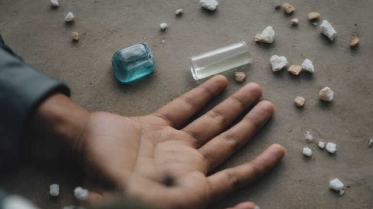 Blue and clear drug paraphernalia with pills and a hand on a textured surface | Drug detox and rehab concept.