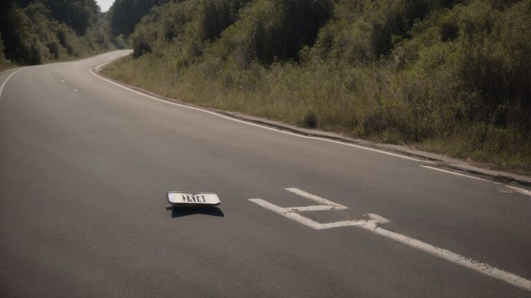 Broken traffic sign on a winding rural road during daytime, symbolizing road detour or escape.