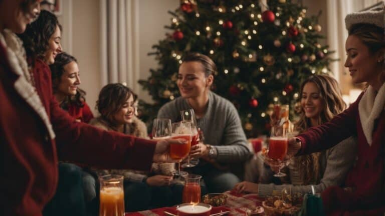 Festive holiday gathering with friends and family celebrating Christmas with drinks and decorated Christmas tree.