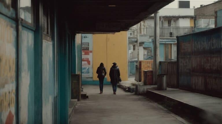 Drug detox and rehab, urban alleyway scene, two people walking, cityscape, recovery support, addiction treatment, detox center environment, mental health awareness, lifestyle change, close-up of urban environment.