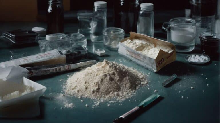 Illicit drug powder and paraphernalia scattered on a dark table, highlighting substance abuse and addiction issues.