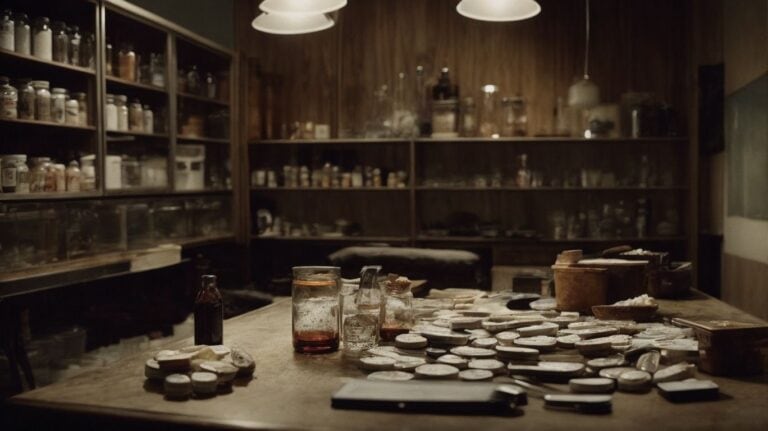 Disorganized drug storage room with pills, bottles, and containers on a wooden table, used for drug detox and rehab treatment centers.
