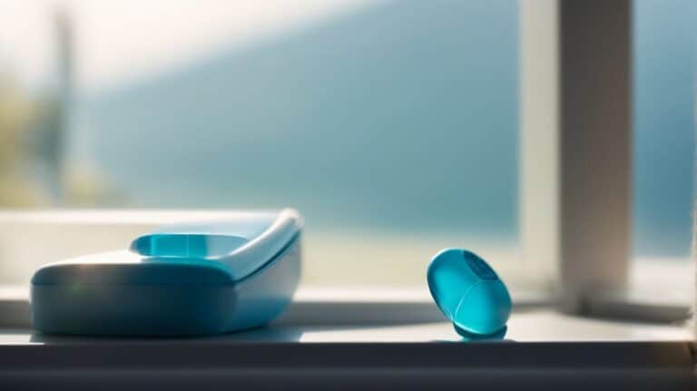 Blue prescription pill and medication bottle on window sill for drug detox and rehab treatments.