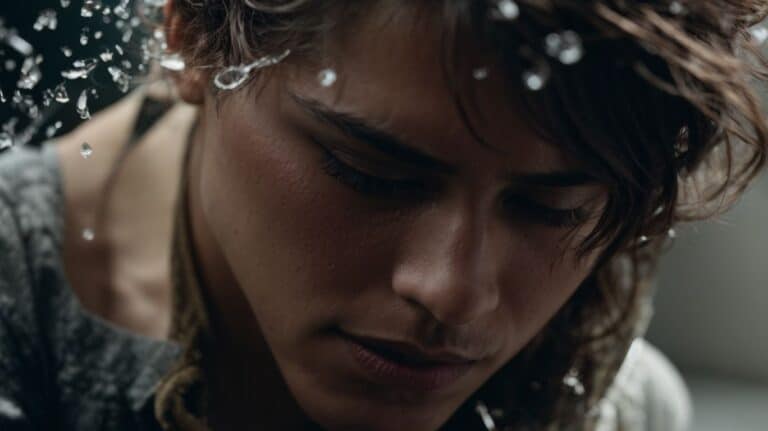 Youth with water droplets on face, emphasizing emotional struggle and relief during drug detox and rehab. Focus on recovery and support for overcoming addiction.