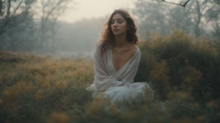 Coral young woman sitting in autumnal forest, contemplative and serene, symbolizing recovery and hope in drug detox and rehab process.