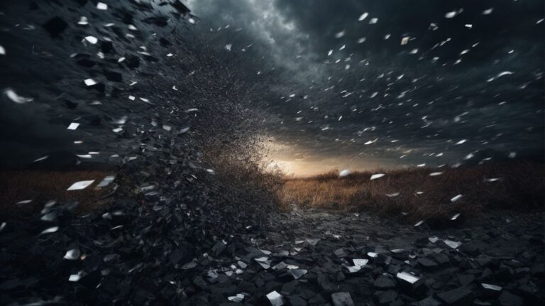 Falling ash or debris in a dark, stormy landscape symbolizing chaos and destruction.