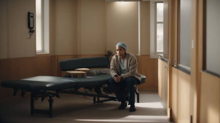 Phone on wall, woman sitting on examination table in rehab center, healthcare facility for drug detox and addiction recovery, supportive environment, young woman in therapy or recovery.