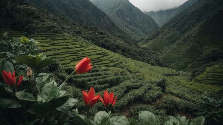 Serene mountain landscape with lush green terraced fields and vibrant red flowers in the foreground, symbolizing natural healing and recovery environment for drug detox and rehab.