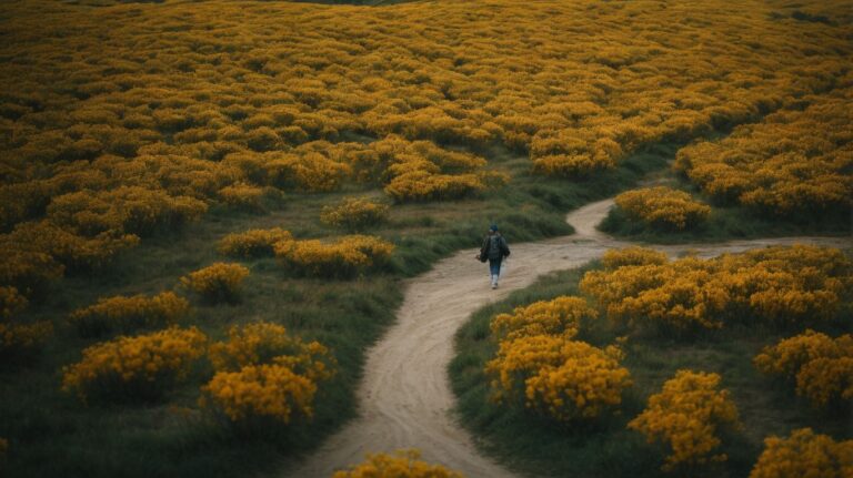 Healing journey through nature at drug detox and rehab center, embracing recovery and wellness amidst beautiful yellow flowering bushes and peaceful landscape.